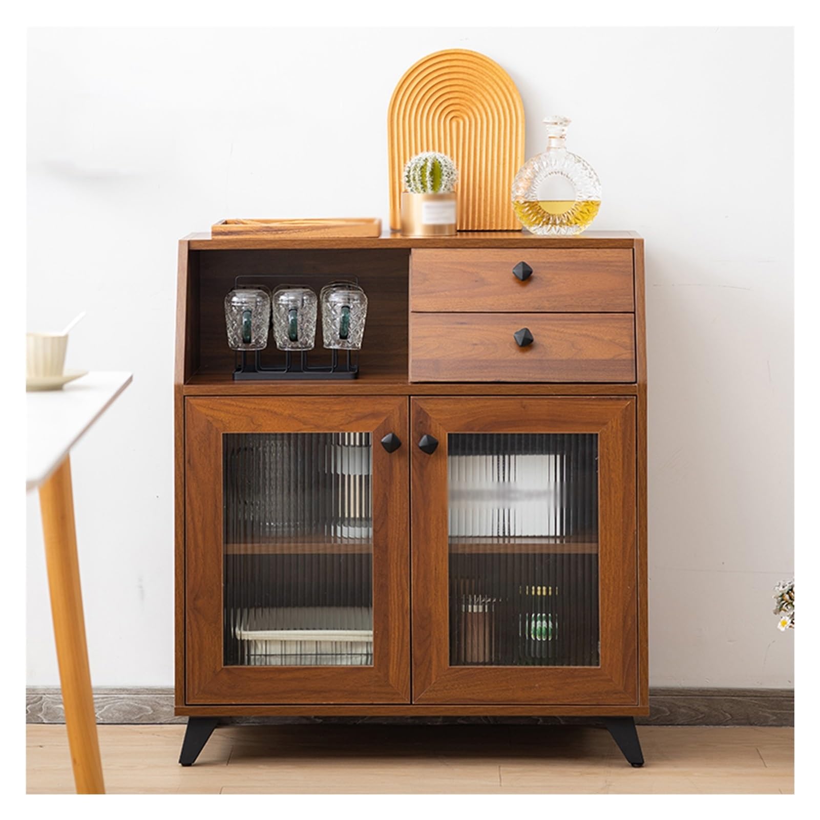 Aparador moderno Buffet Armario de almacenamiento de cocina con puertas de vidrio a rayas comedor gabinete consola mesa licor/acento armario organizador (marrón 80 x 35 x 90,4 cm)