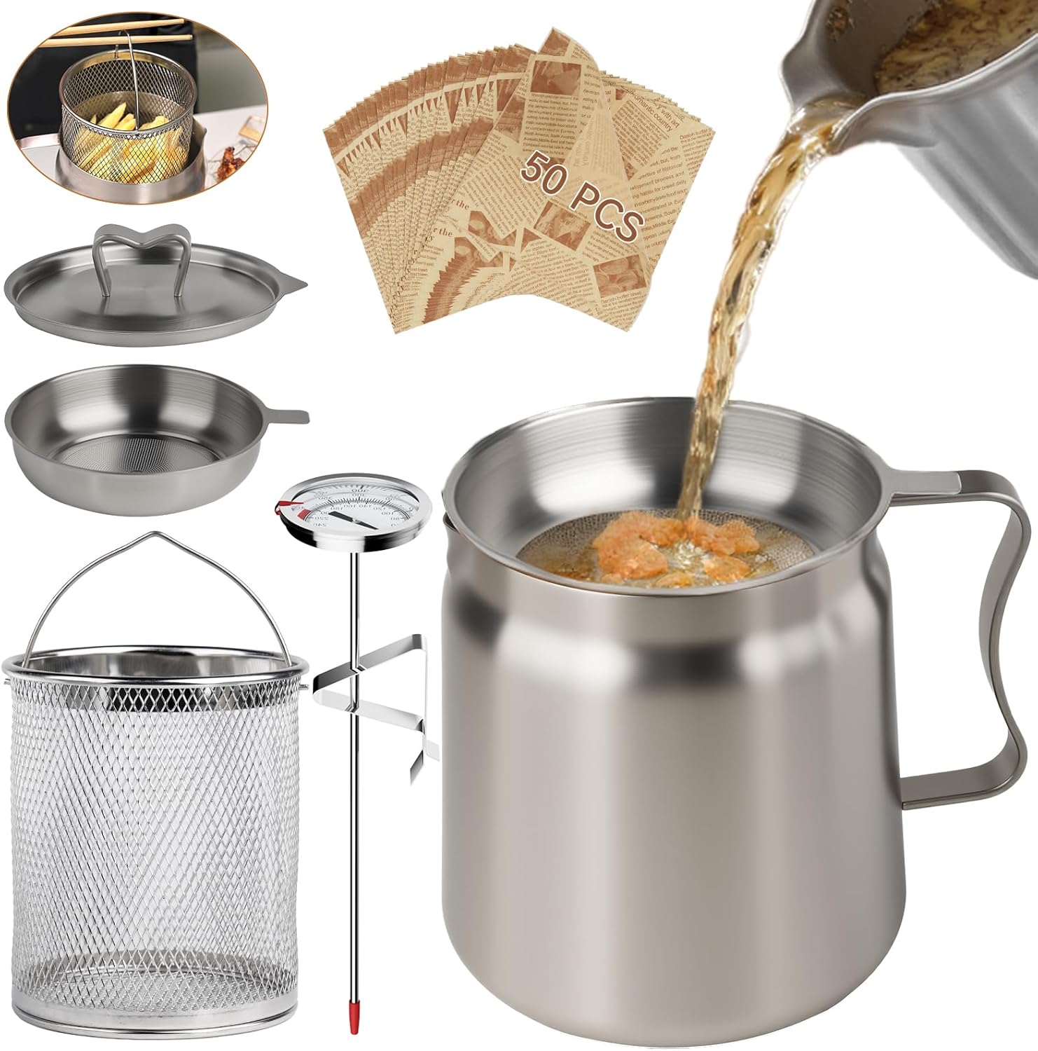 6 PCS 2L Oil Filter Pot Bacon Grease Saver with Strainer,68oz Large Capacity Fryer Pot with Basket,Cooking Thermometer & 50 Wax Papers,Stainless Steel Fryer for Kitchen Camping