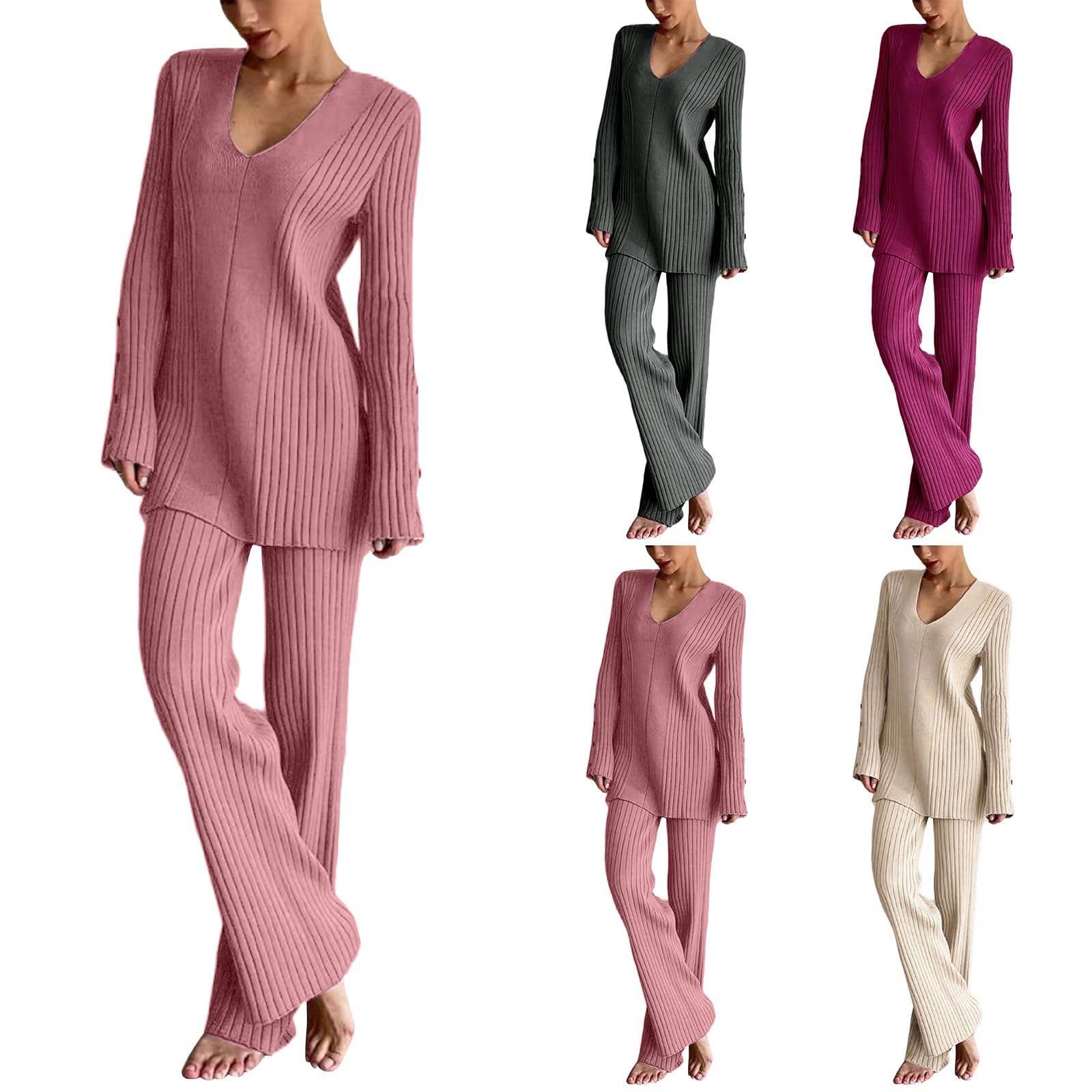 Hausanzug Damen Elegant V-Ausschnitt - Jogginganzug Festlich Hochzeit | Freizeitanzug Slim Fit Strickanzug Gerippte Schlafanzug Baggy Bequeme Sportanzug Mit Langarm Pullover + Jogginghose