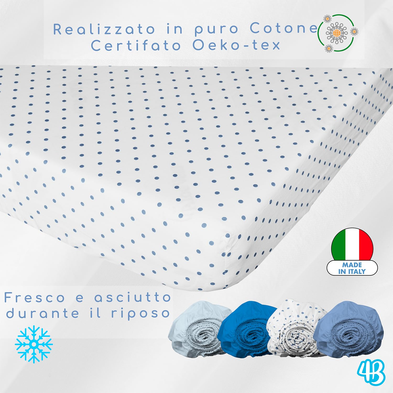 4BABIES - Set 4 Lenzuola Lettino Neonato 60x120 - Lenzuolo con Angoli per Culla in Cotone 100% Morbido Traspirante - Made in Italy OEKO-TEX - Pois Blue, Smoke Blue, Azzurro e Blu