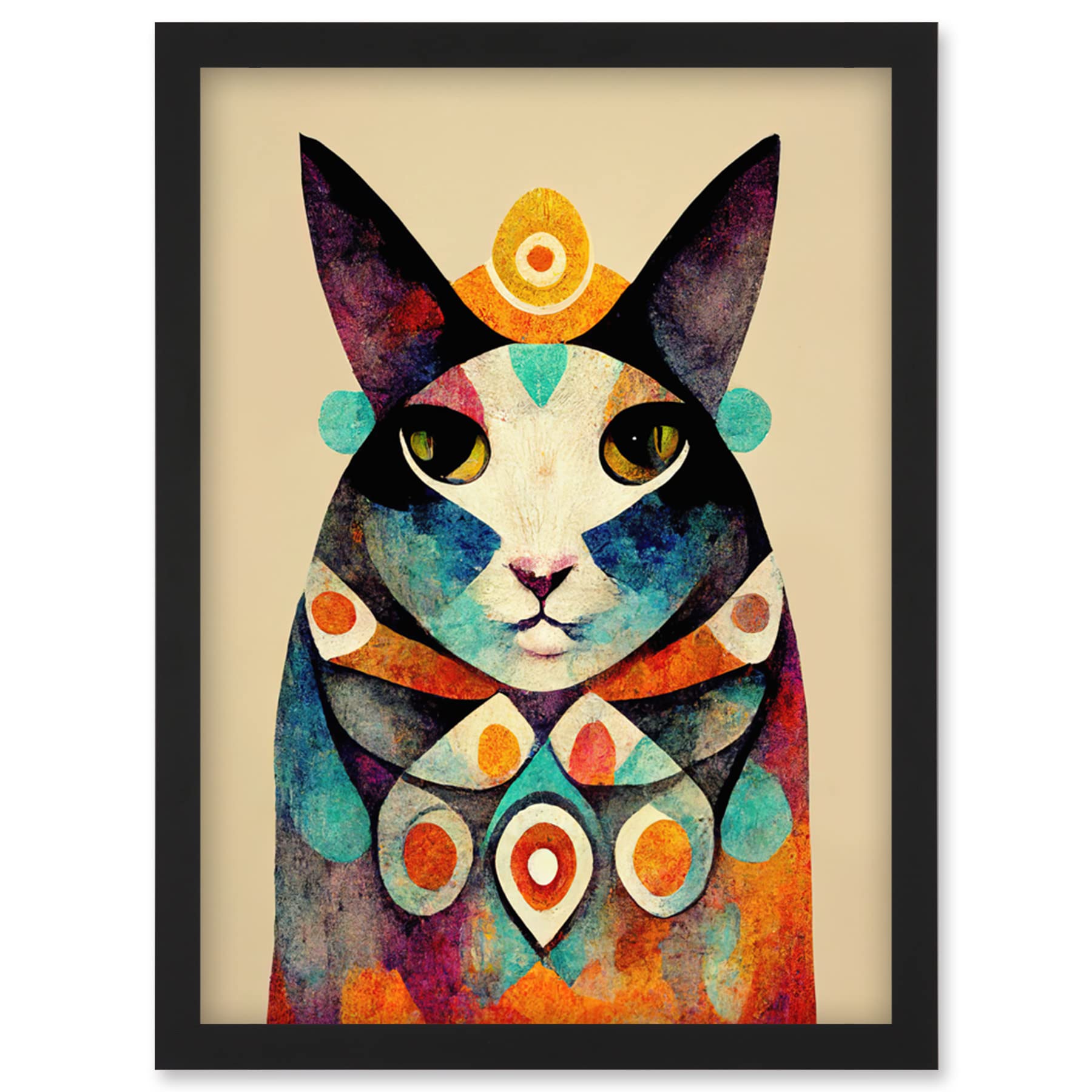 Quirky Boho Abstract Modern Shaman Guru Cat Framed Wall Art Picture Print A4