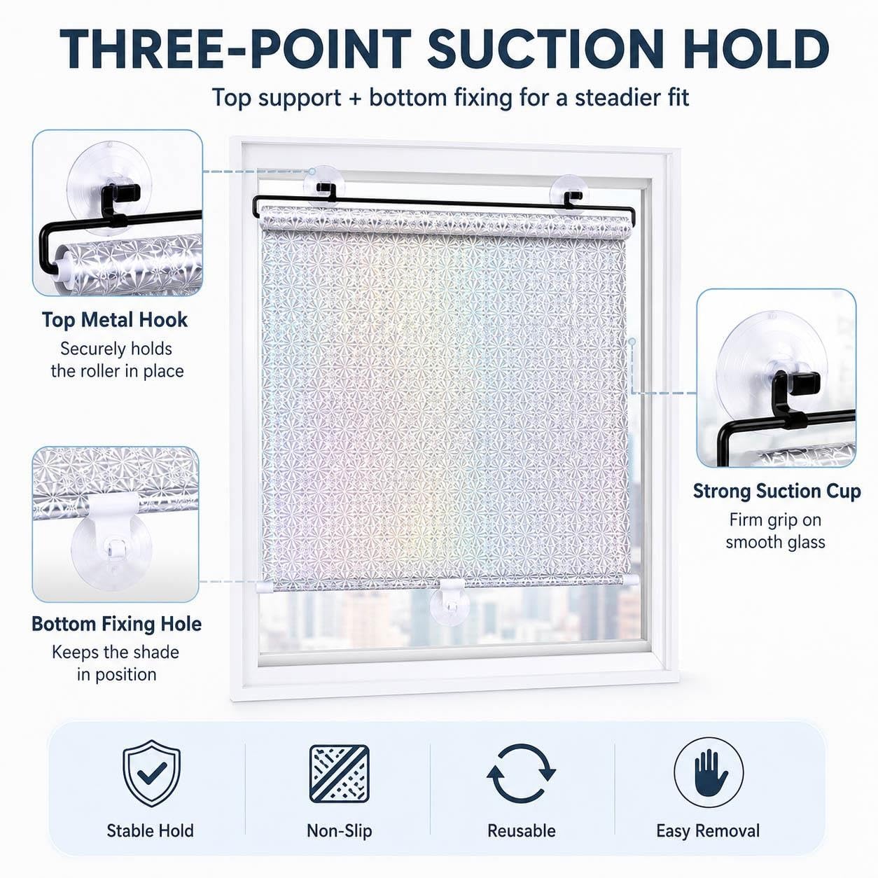 Tende a Rullo con Ventose per Finestre, Parasole Argentato Iridescente Retrattile Senza Forare, Schermo Privacy Rimovibile per Camera Ufficio Camper Auto Porta in Vetro(W 70 x 140 cm)
