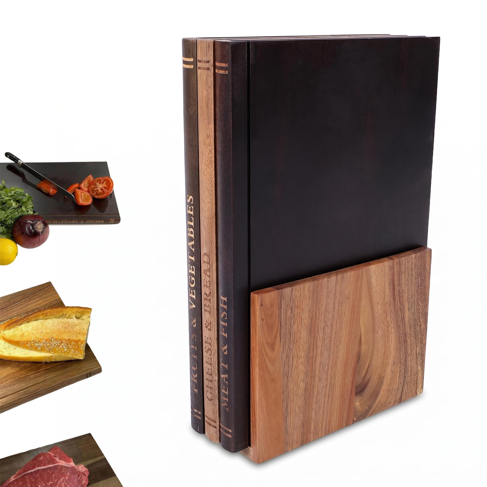 Ensemble de Planches à Découper de Livre 3 Pièces, Planche à Découper en Bois avec Support, Planches à de Cuisine en Forme de Livre pour Fruits Légumes Pain