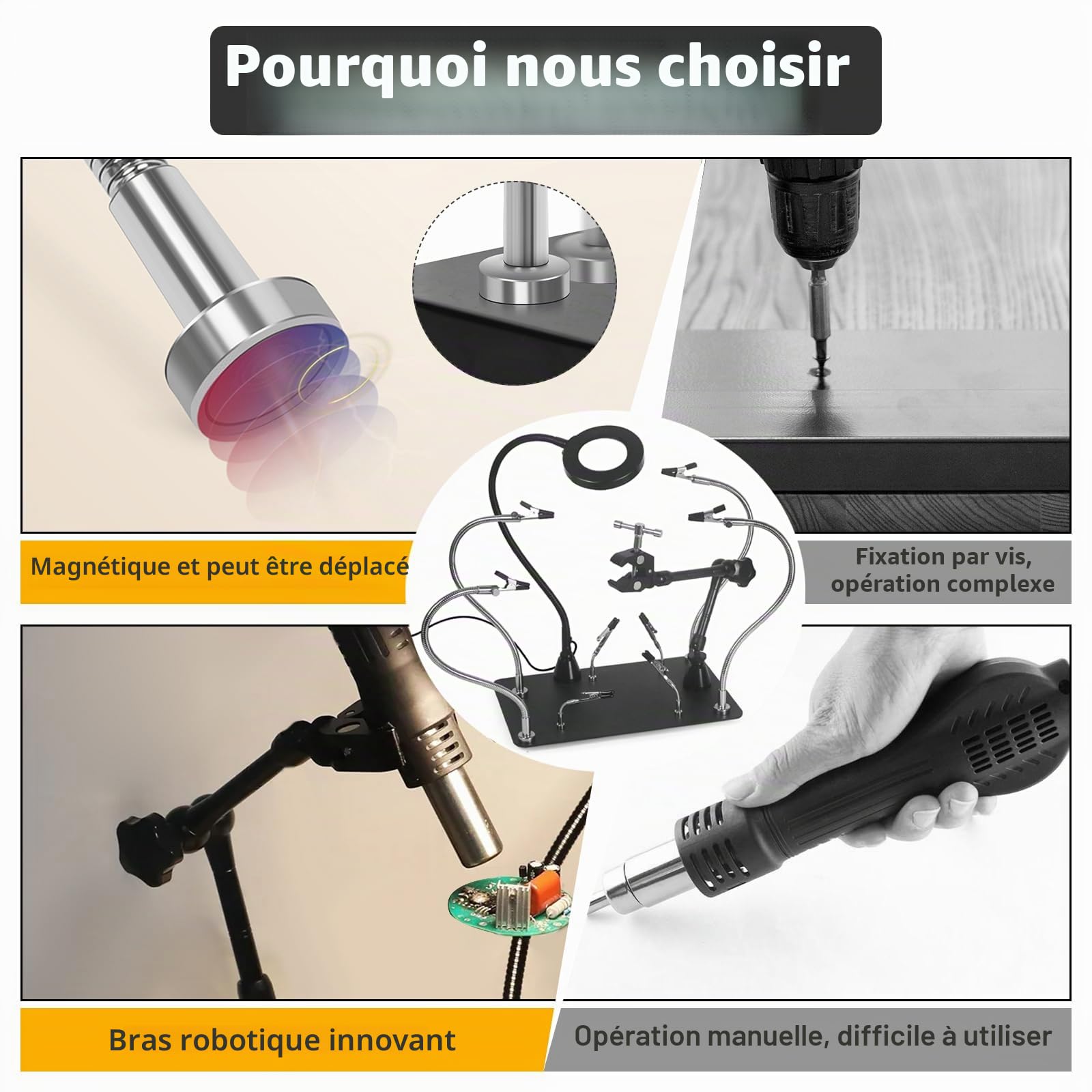 Station de soudage magnétique à troisième main avec 3 loupes, bras mécanique rotatif à 360°, kit d'aide à la soudure pour les amateurs de bricolage, les ingénieurs