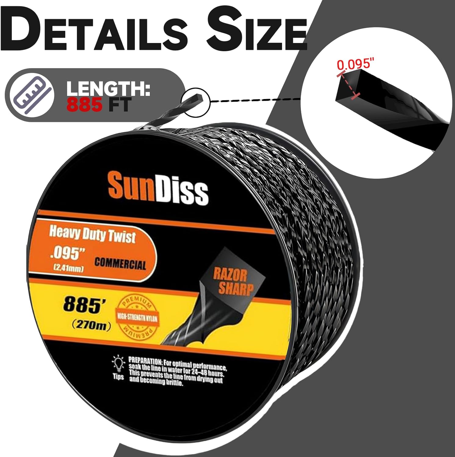 885ft 0.095" Trimmer Line Cutting String Replacement for Echo Black Diamond Trimmer Line 330095073/330095071, Fits for Medium to Heavy Grass and Weeds, with Built-in Line Cutter