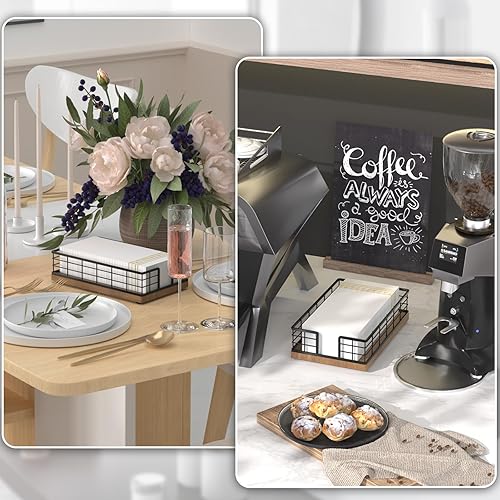 Vista 200 de Wican Bandeja para toallas de invitados para baño, soporte de servilletas de roble y hierro para tocador, mesa de comedor, cesta de madera