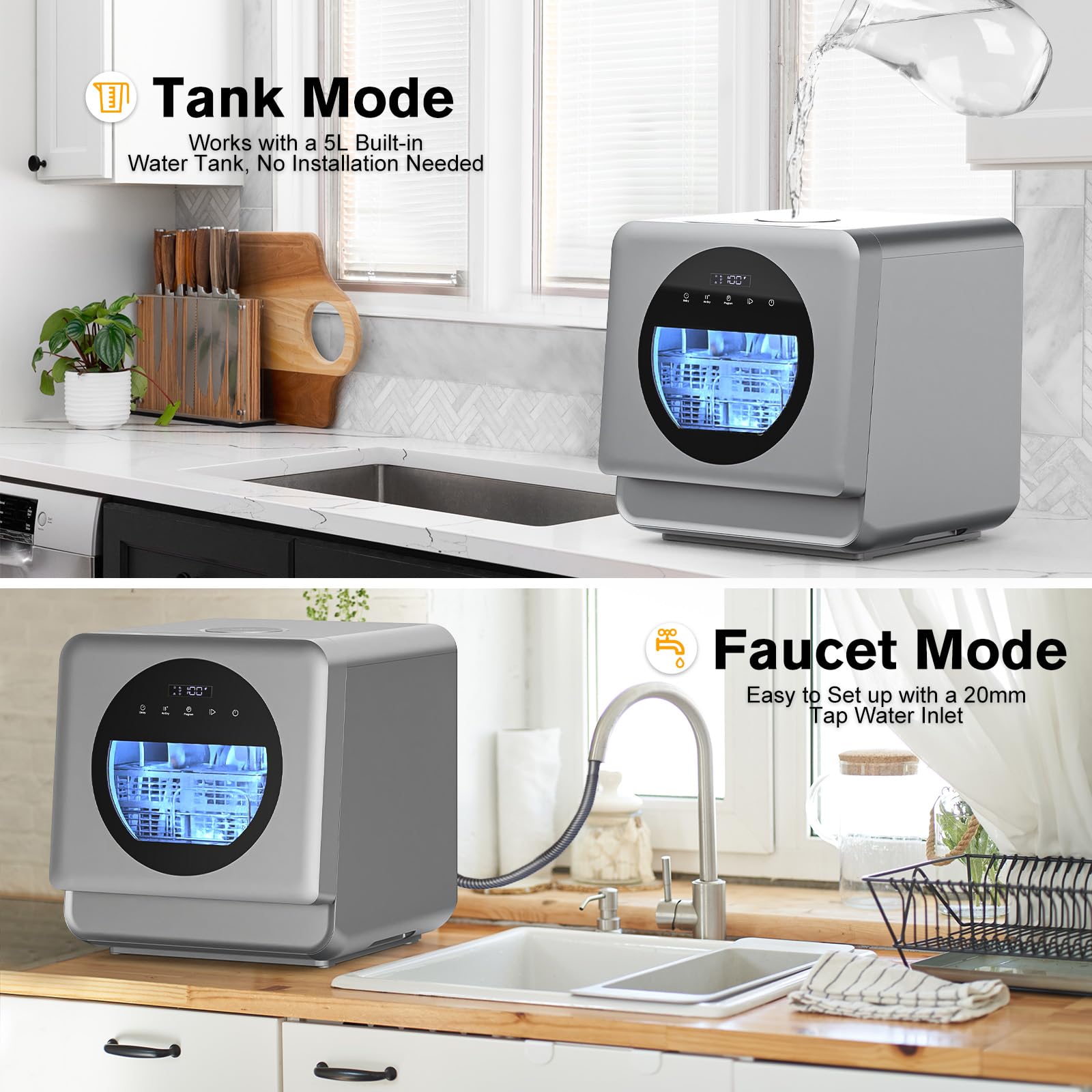 MoraRise Table Top Dishwasher, Mini Countertop Dishwasher with 7 Programs, Built-in 5L Water Tank, Dual Water Supply, 24H Delay, No Plumbing, Baby Care, Drying Cycle, Fruit Wash (Grey) — view 3