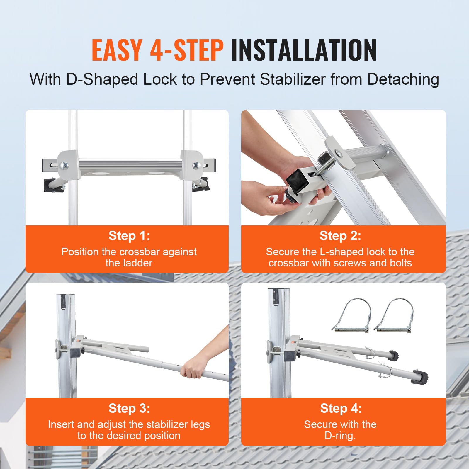 VEVOR Stabilisateur d'Échelle de Toit en Acier Carbone avec Accessoires, Pieds Réglables Extension, Capacité de Charge 150 kg, Compatible avec Différentes Formes d'Échelles pour Gouttière de Toit