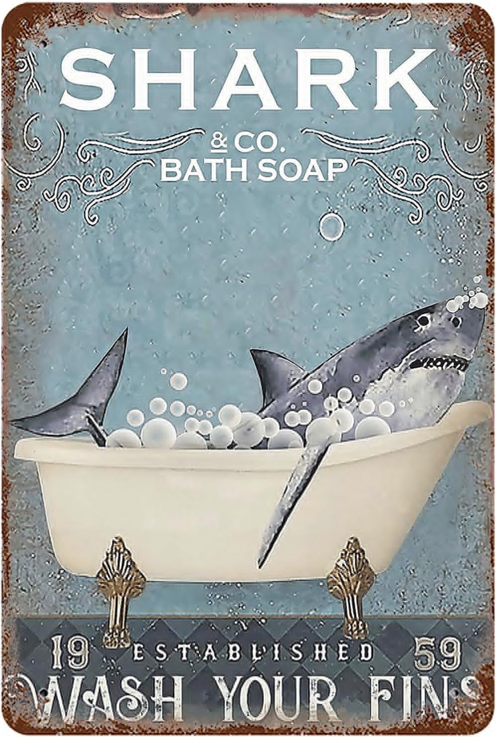 Liantsh 25 Metal Tin Sign 8X12, Vintage Retro Shark Co. Bath Soap, Wall Decor Wash Your Fins Sharks Notice Poster Art For Home Living Room Bedroom Garden Garage Office Cafe Bar Pub