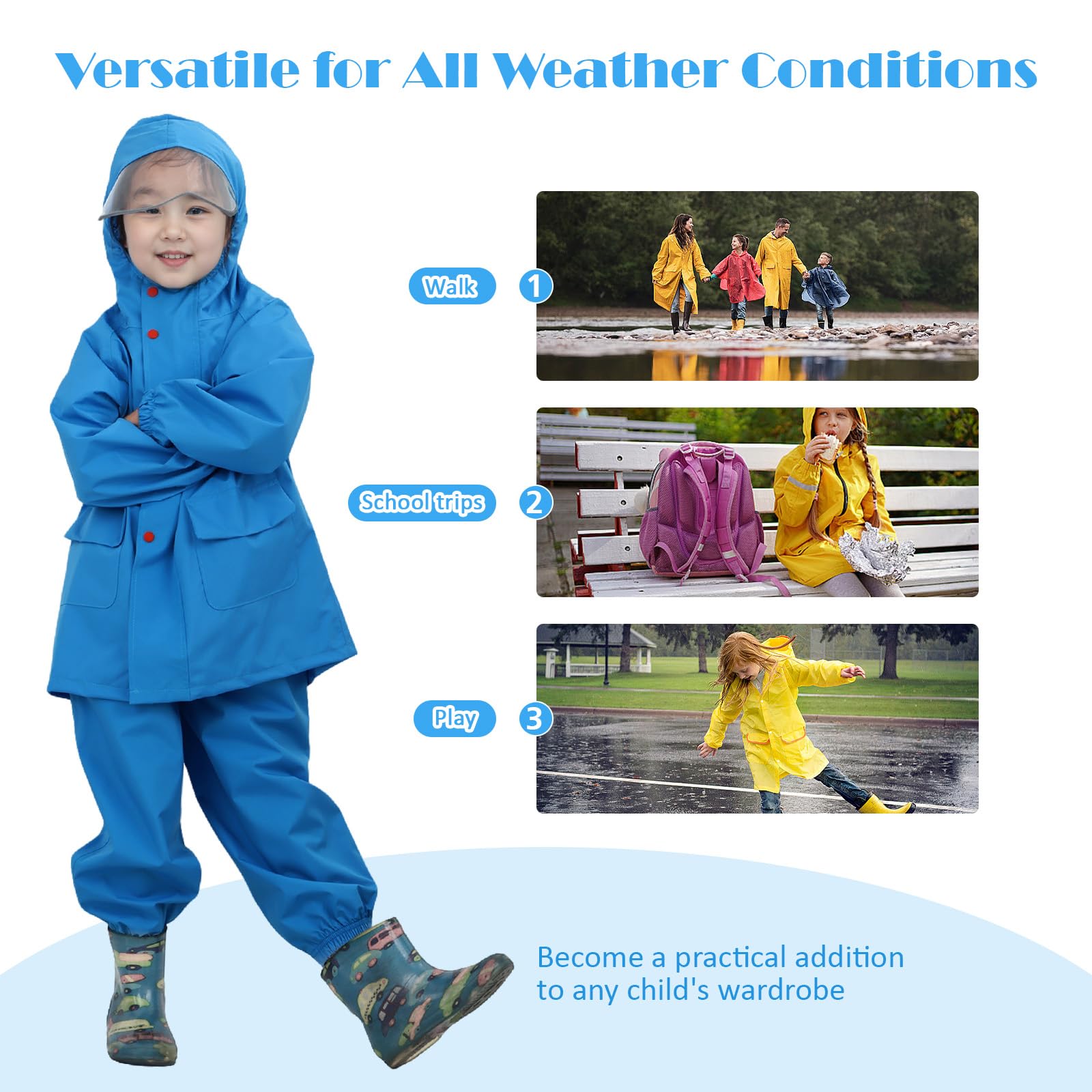Unisexe Enfants Imperméables Veste Imperméable avec Jarretelles Pantalon De Pluie Léger À Capuche En Plein Air Pour Enfants Pour Garçon Et Fille