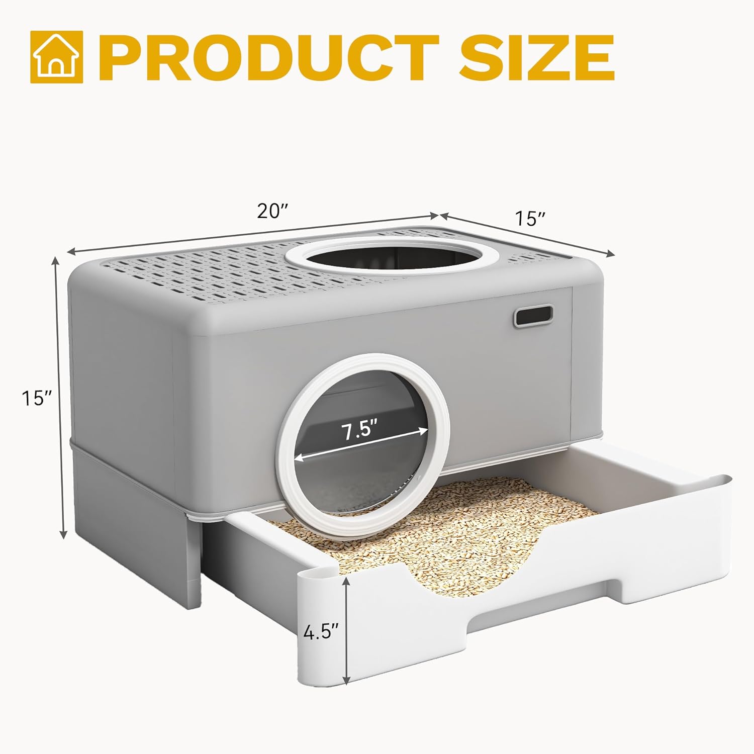Diagram showing dimensions of the DWVO Enclosed Cat Litter Box