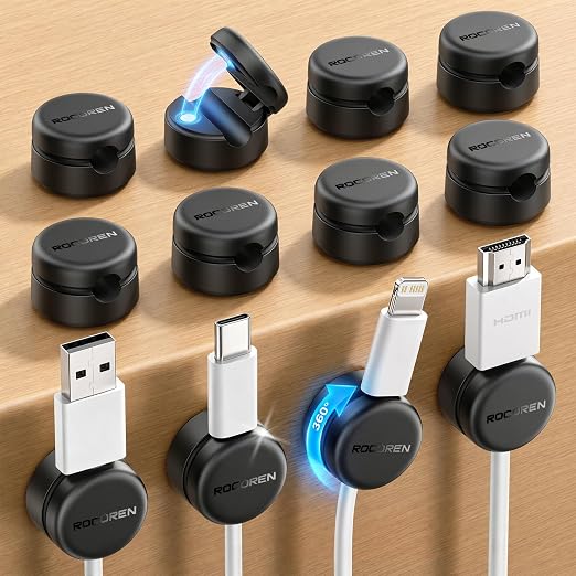 Rocoren Cable Tidy Clips, Magnetic Wire Holder with 360° Rotation