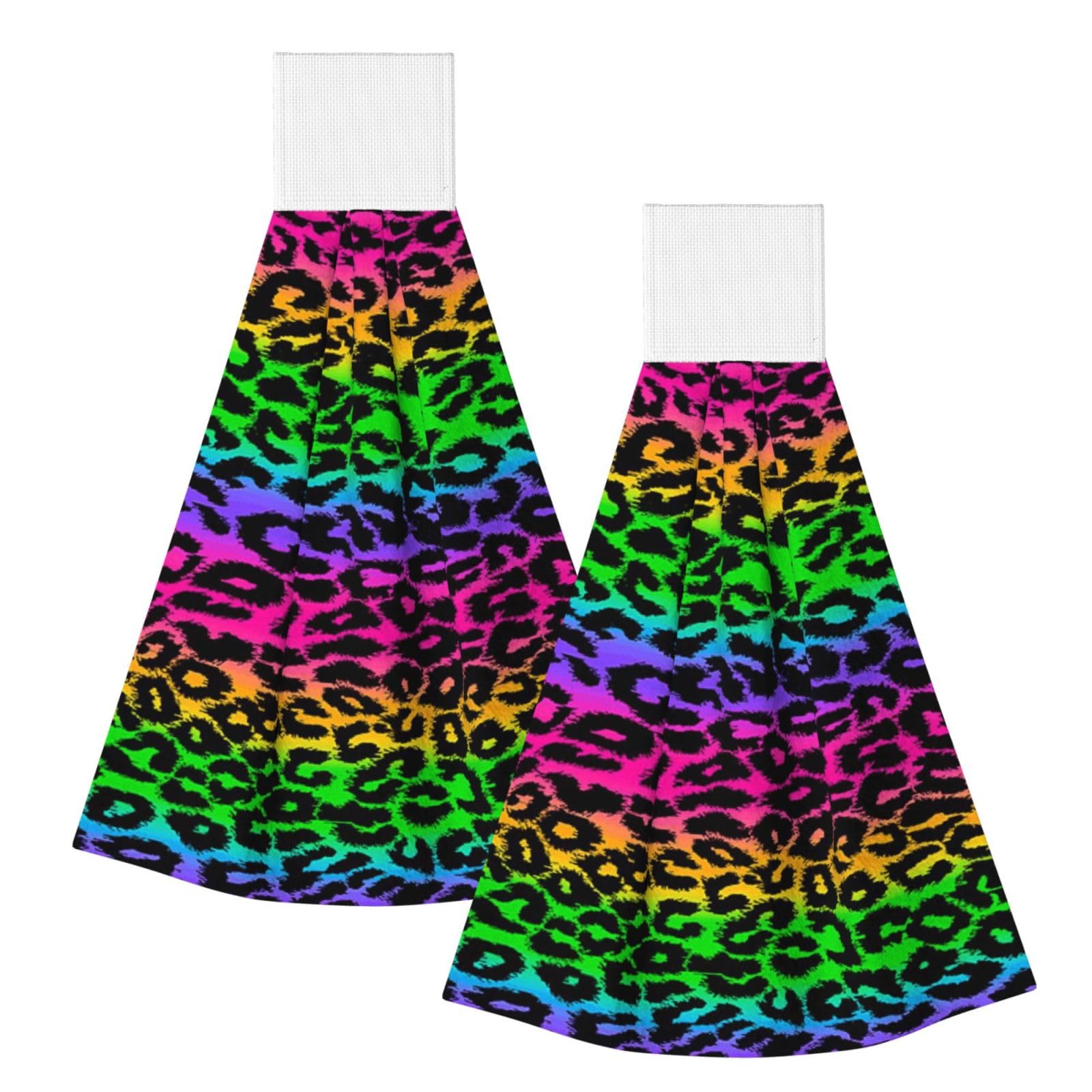 DOPKLNA Rainbow Leopard Print, 2 Pcs Hanging Coral Fiber Hand Towels for Bathroom, Absorbent Kitchen Towels