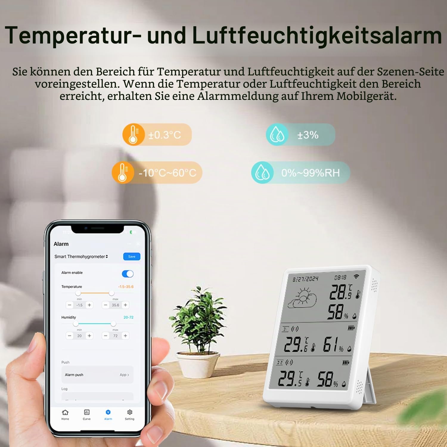 WLAN Thermometer Hygrometer Innen: Intelligenter Temperatur- und Feuchtigkeitsmonitor mit App-Benachrichtigungen und Kostenfreier Datenexport, kompatibel mit Alexa, 4 Sensoren und Basisstation