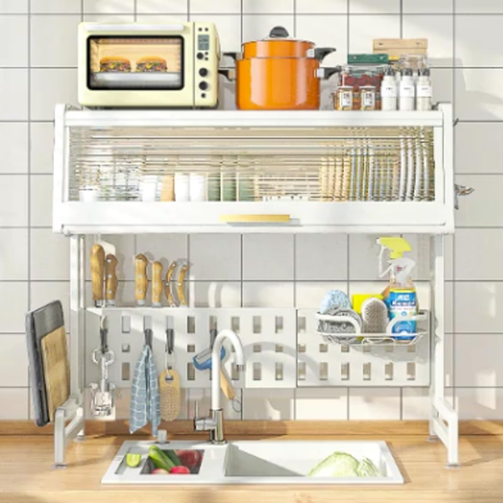 Armario de Almacenamiento Multifuncional retráctil de Gran Capacidad para Fregadero con Puerta y escurridor de Platos (Blanco, 97 cm/38,2 Pulgadas)