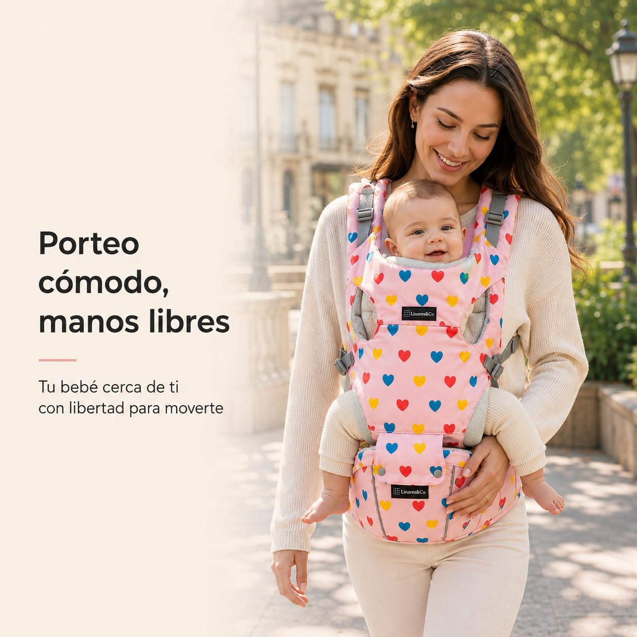 Linares&Co Mochila Portabebés Ergonómica 3-20 kg, Mochila de Porteo Bebé Ligera y Transpirable, Postura en M, Hebillas Clic, Lavable, Color Rosa