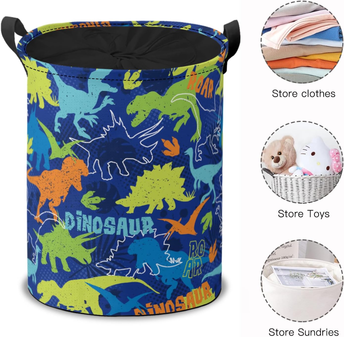 Colorful Dinosaur on a Blue Background Laundry Basket Collapsible, Dirty Clothes Laundry Hamper for Bedroom Bathroom College Dorm Nursery Toy Organizer Storage Basket Round Gifts Basket