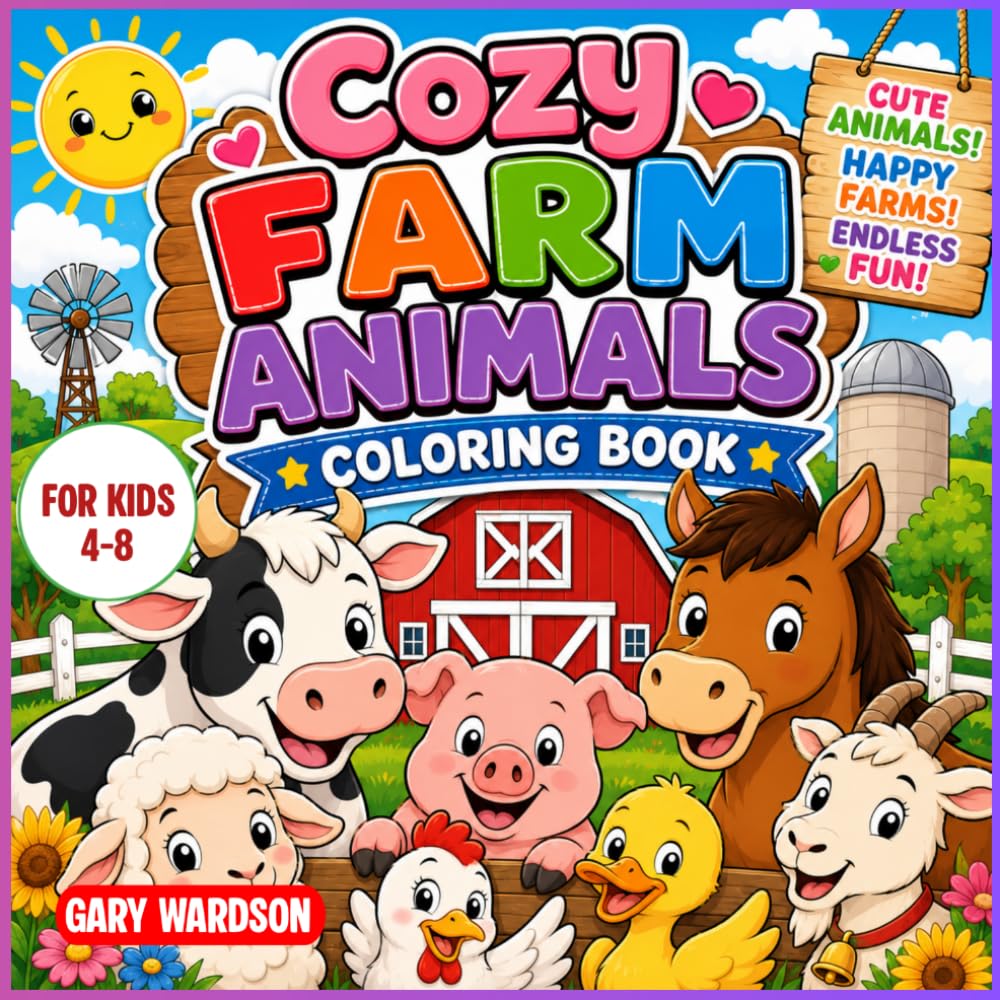 COZY FARM ANIMALS COLORING BOOK: 49 Easy and Adorable Farm Animal Coloring Pages with Cows, Pigs, Horses, Ducks, Goats, Sheep, Chickens, and More for Boys and Girls
