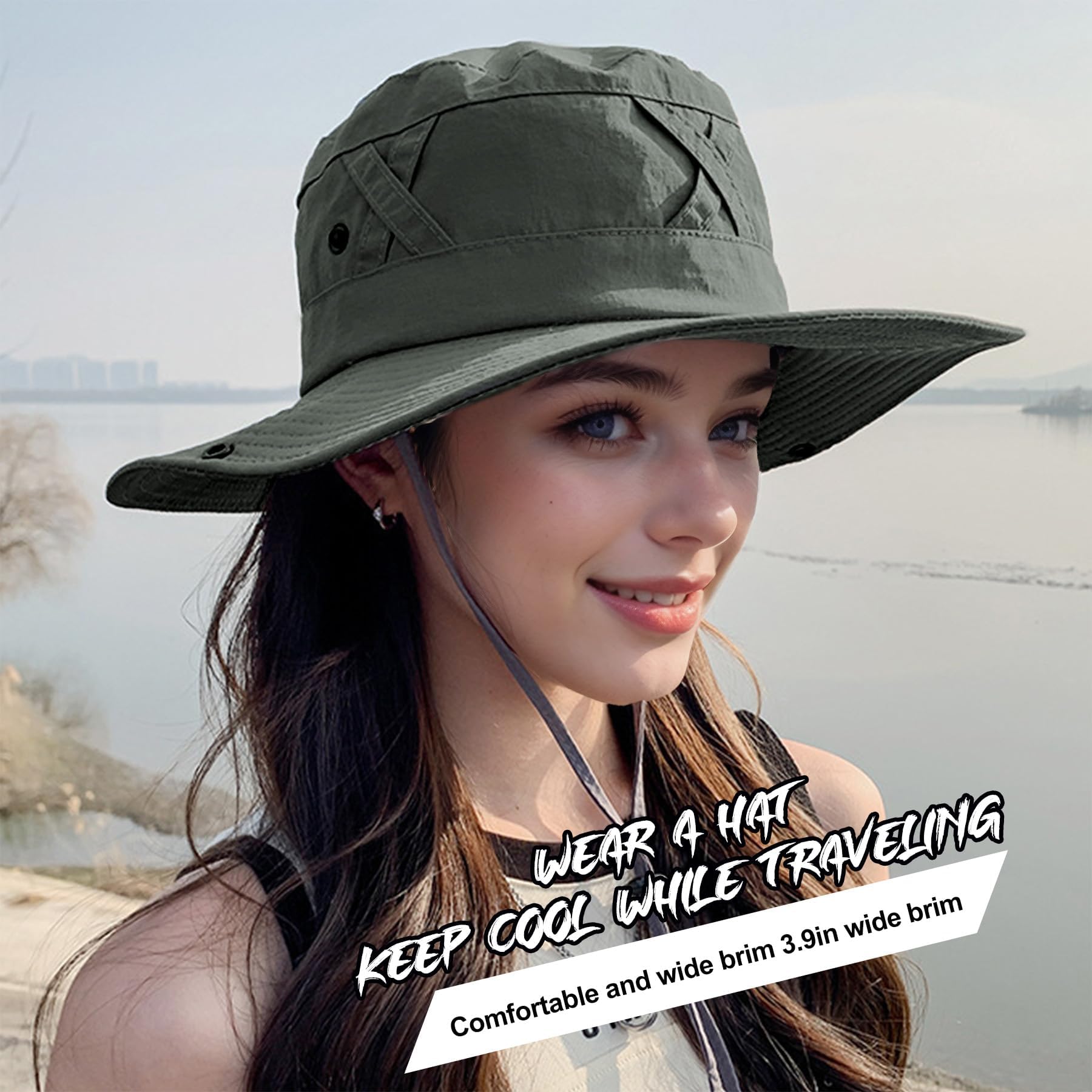 Feng Shui， Outdoor-Eimerhut für Damen – atmungsaktiver Sonnenhut mit breiter Krempe und UV-Schutz, verstellbarem Riemen und Kreuzband-Design