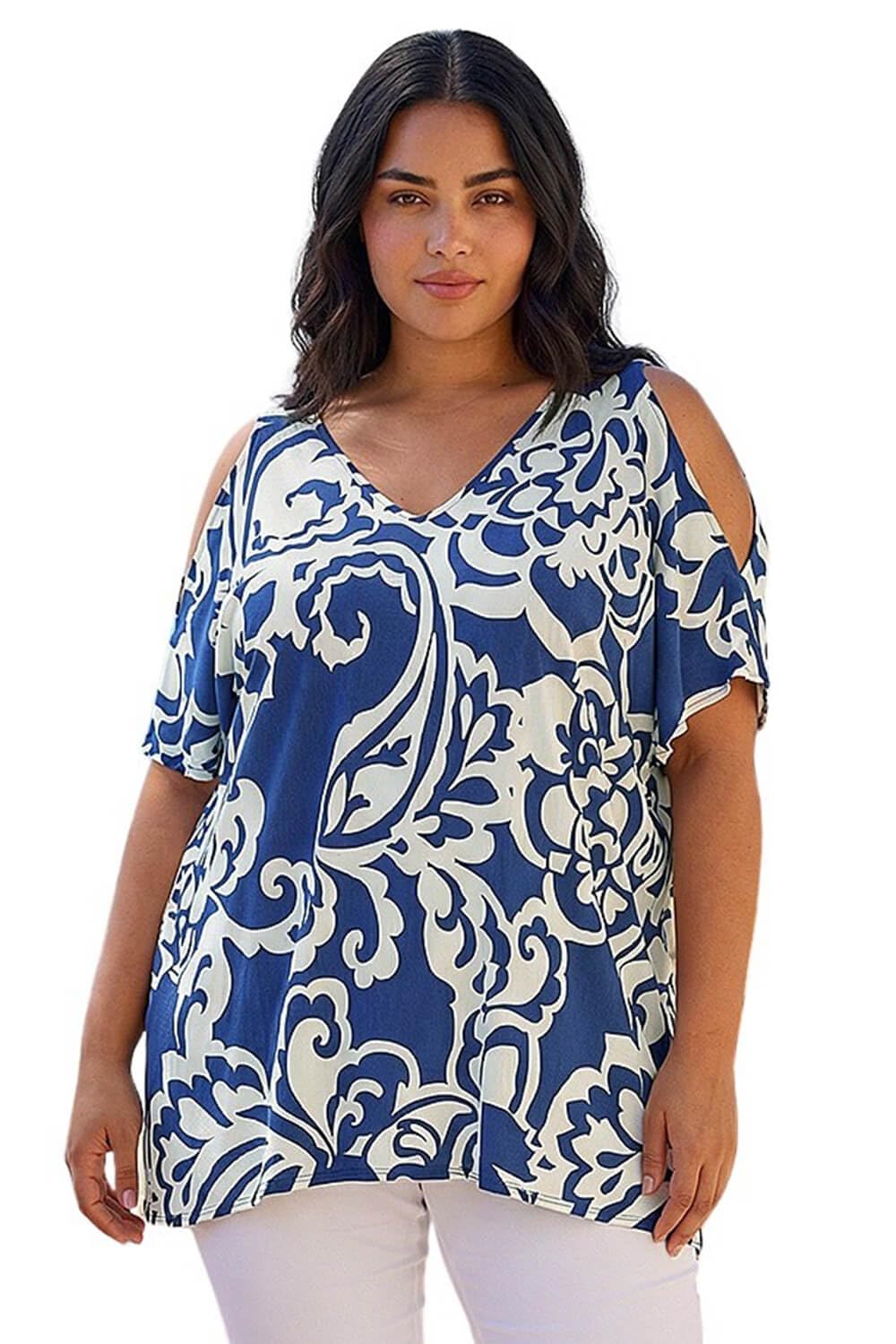 Roman Women's Navy Curve Floral Print V-Neck Cold Shoulder Top In Size 22-24