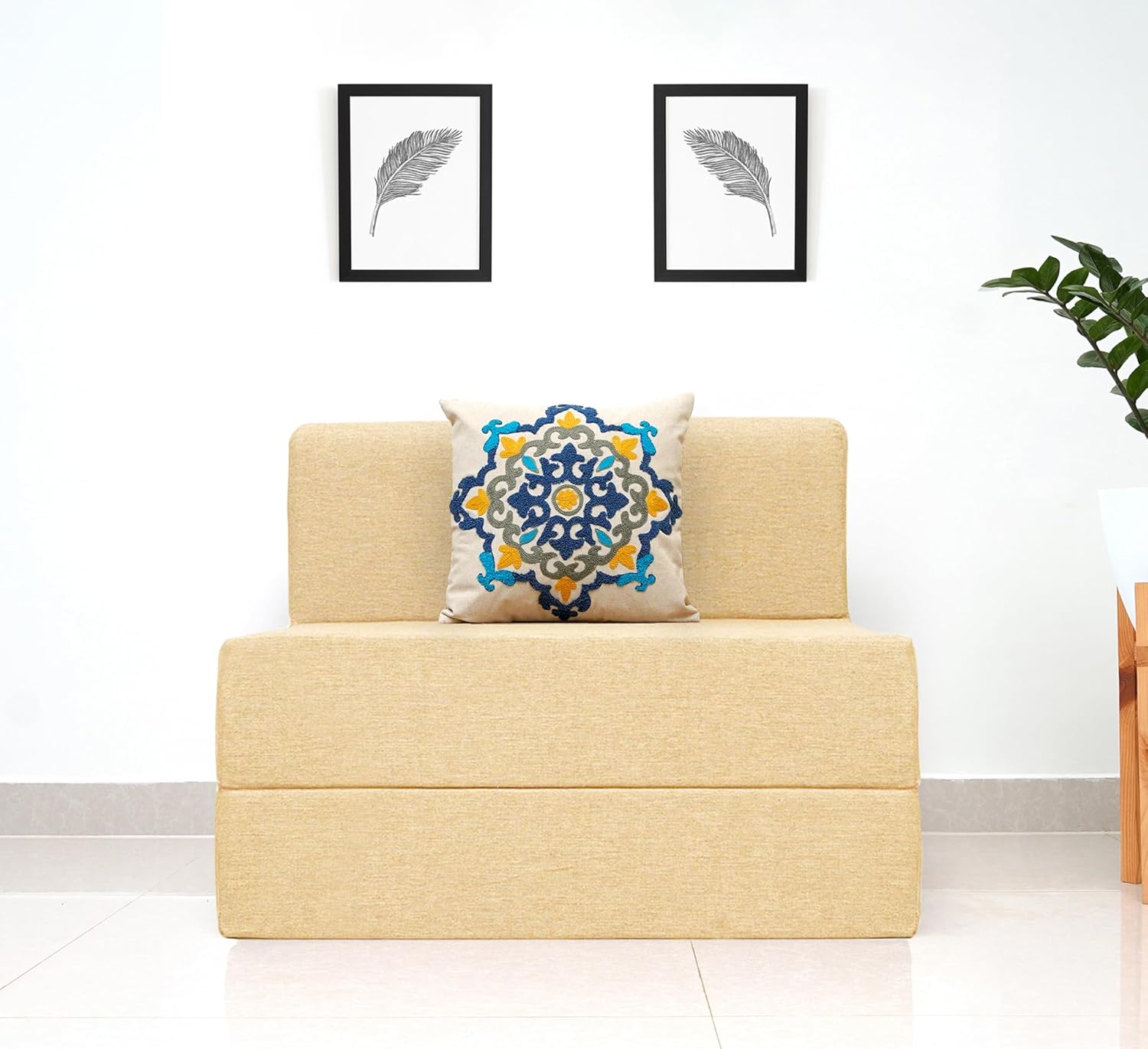 uberlyfe 1 Seater Sofa Cum Bed | Jute Fabric Washable Cover | 1 Cushion Blue Medallion Pattern | Beige | 3′ x 6′ Feet uberlyfe 1 Seater Sofa Cum Bed | Jute Fabric Washable Cover | 1 Cushion Blue Medallion Pattern | Beige | 3′ x 6′ Feet