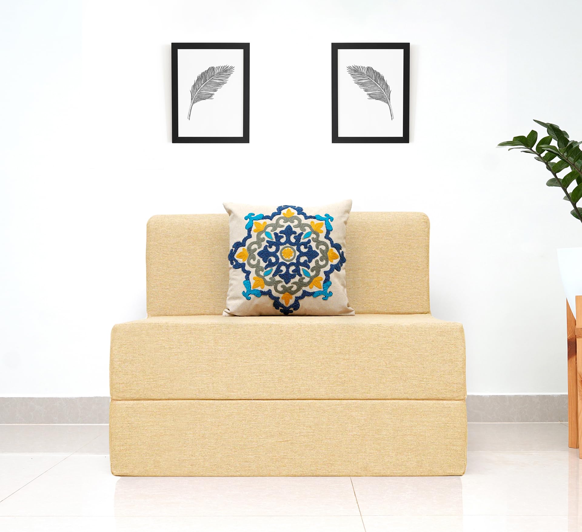 uberlyfe 1 Seater Sofa Cum Bed | Jute Fabric Washable Cover | 1 Cushion Blue Medallion Pattern | Beige | 3' x 6' Feet
