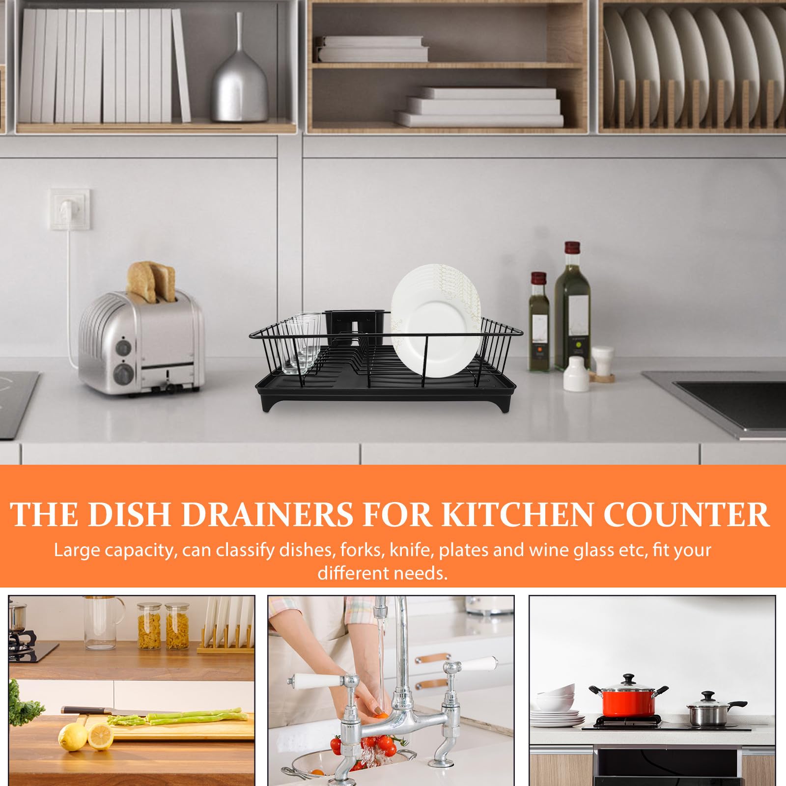 Escurreplatos Grande Negro Sistema de Drenaje Automático, Soporte para Cubiertos y Estante para Cuencos, Organizador de Encimera para Secar Platos y Utensilios de Cocina