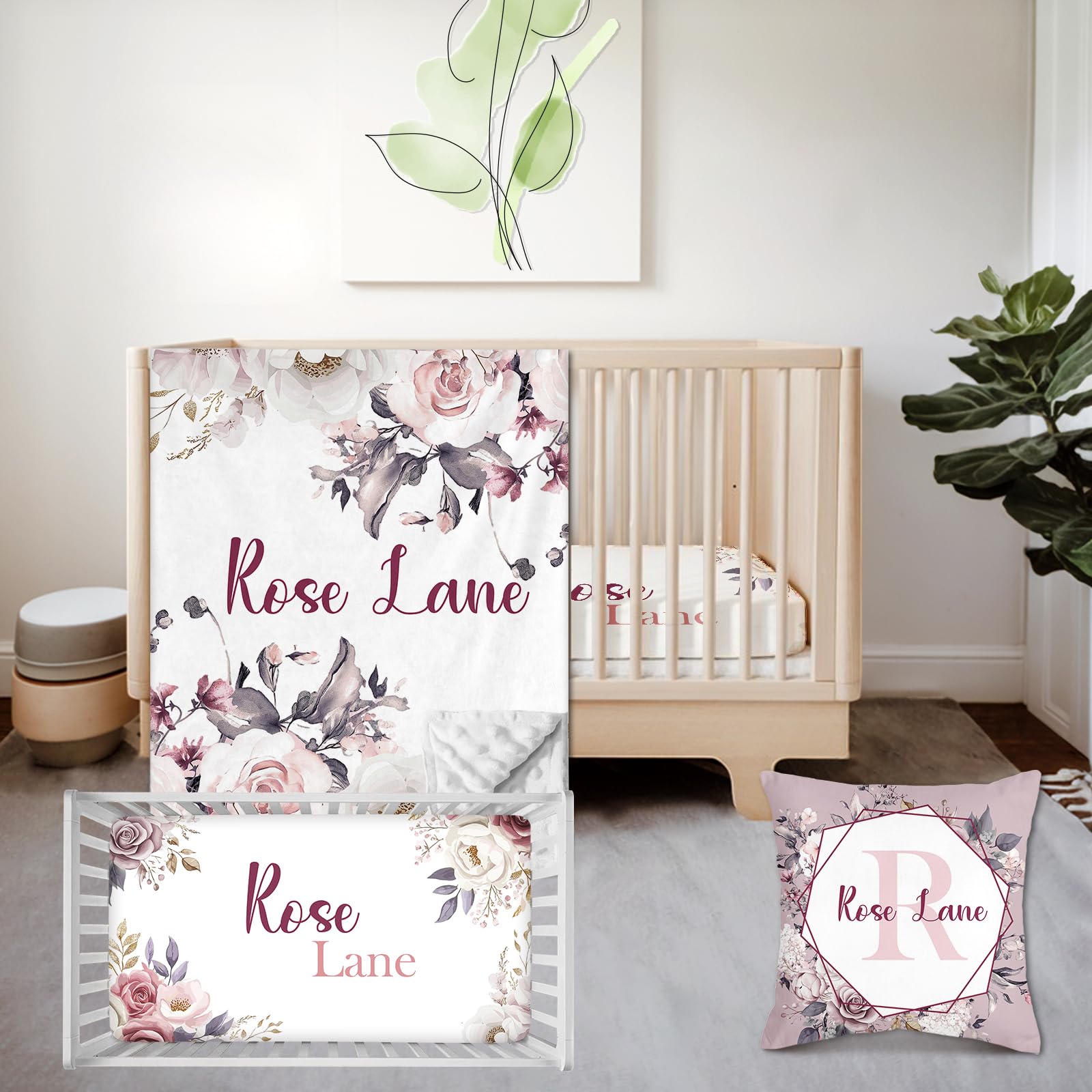 Personalized 3 Piece Baby Crib Bedding Set for Girls, Newborn Baby Toddler Nursery Flower Set with Blanket, Fitted Sheet, Pillowcase, Custom Name Gifts for Girls