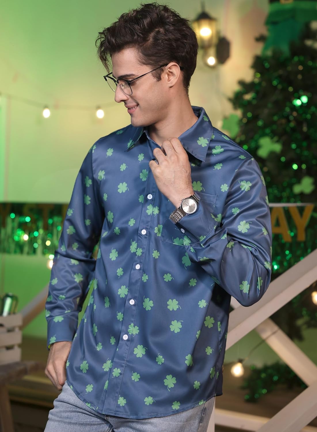 Arvilhill Mens St Patrick's Button Shamrock Clover Printed Long Sleeve Shirt (S-3XL) - Image 7