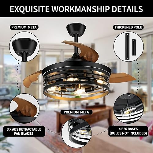 Vista 14 de Ventiladores de techo retráctiles de 42 pulgadas con luces con control remoto, ventiladores de techo industriales enjaulados, ventilador de techo