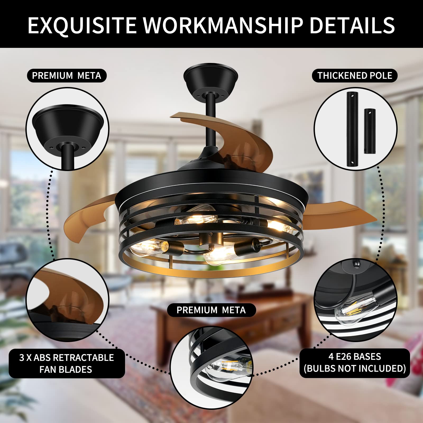 NEWORB Retractable Ceiling Fans with Lights Remote Control 42Inch Black Caged Ceiling Fans Farmhouse Vintage Industrial Ceiling Fan with Lights for Living Room Bedroom Kitchen Patio