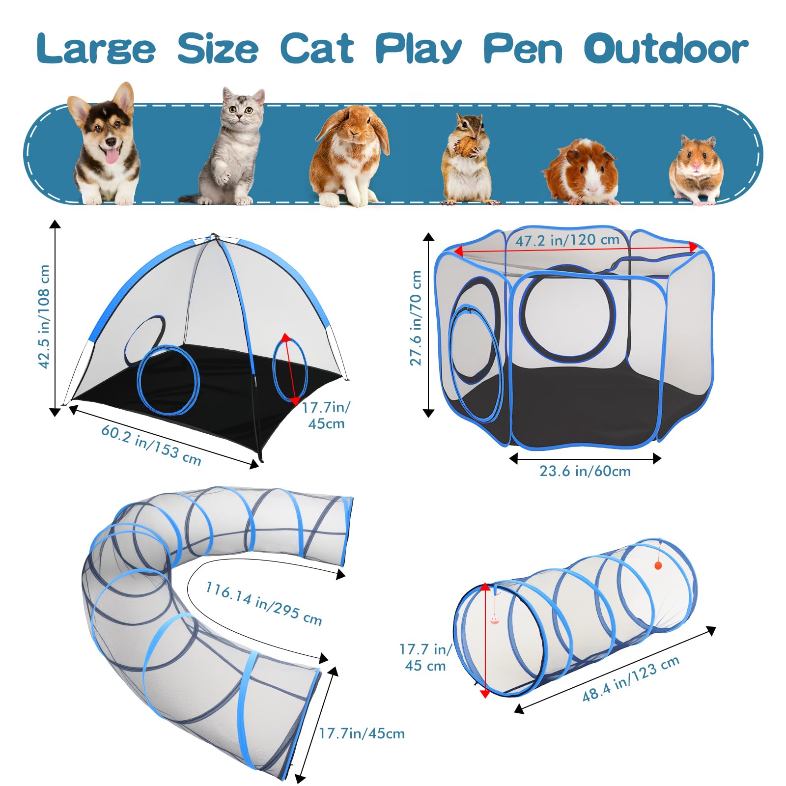 Outdoor-Katzengehege, 4-in-1-Katzenzelt Outdoor Pet Playpen mit Tunnel, tragbare Catio Play Pen für draußen und drinnen Katzengehege mit Aufbewahrungstasche für Kitty und kleine Tiere