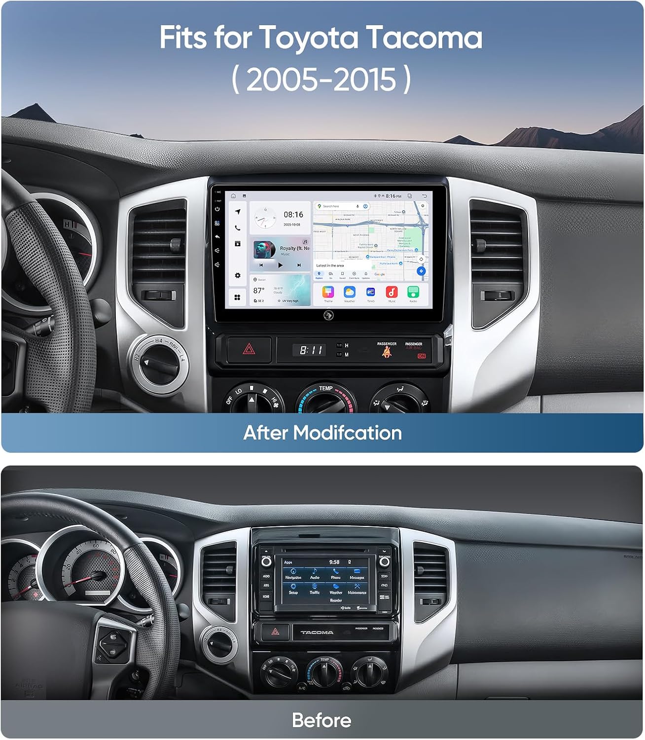 Car Stereo Radio Replacement for Toyota Tacoma 2005-2015,9 Inch Android 13 Tacoma Head Unit Support CarPlay,Android Auto,4+64G,GPS Navigation,1080P Backup Camera,WiFi,Bluetooth,EQ,FM,AM,SWC