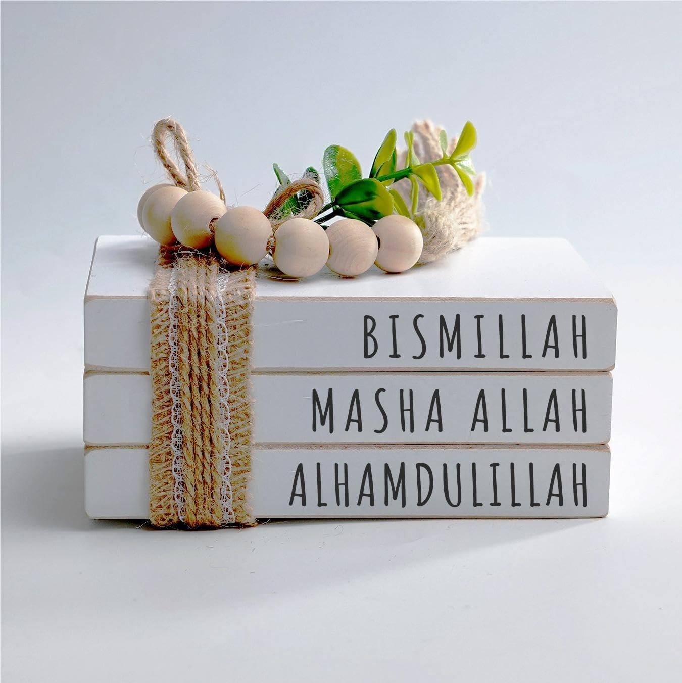 Dazingart Large Islamic Wooden Book Stack, Bismillah MashaAllah Alhamdulillah, Farmhouse Eid Ramadan Mubarak Tiered Tray Decor, Ramadan Decorations With Wood Bead Tassels Muslim Table Decor