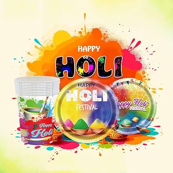 75 pcs Happy HOLI party Table Decorations Tableware SetFestival of Lights Diwali Plates, Cups, Indian Festival HOLI Themed Party SuppliesServes 25 Guests