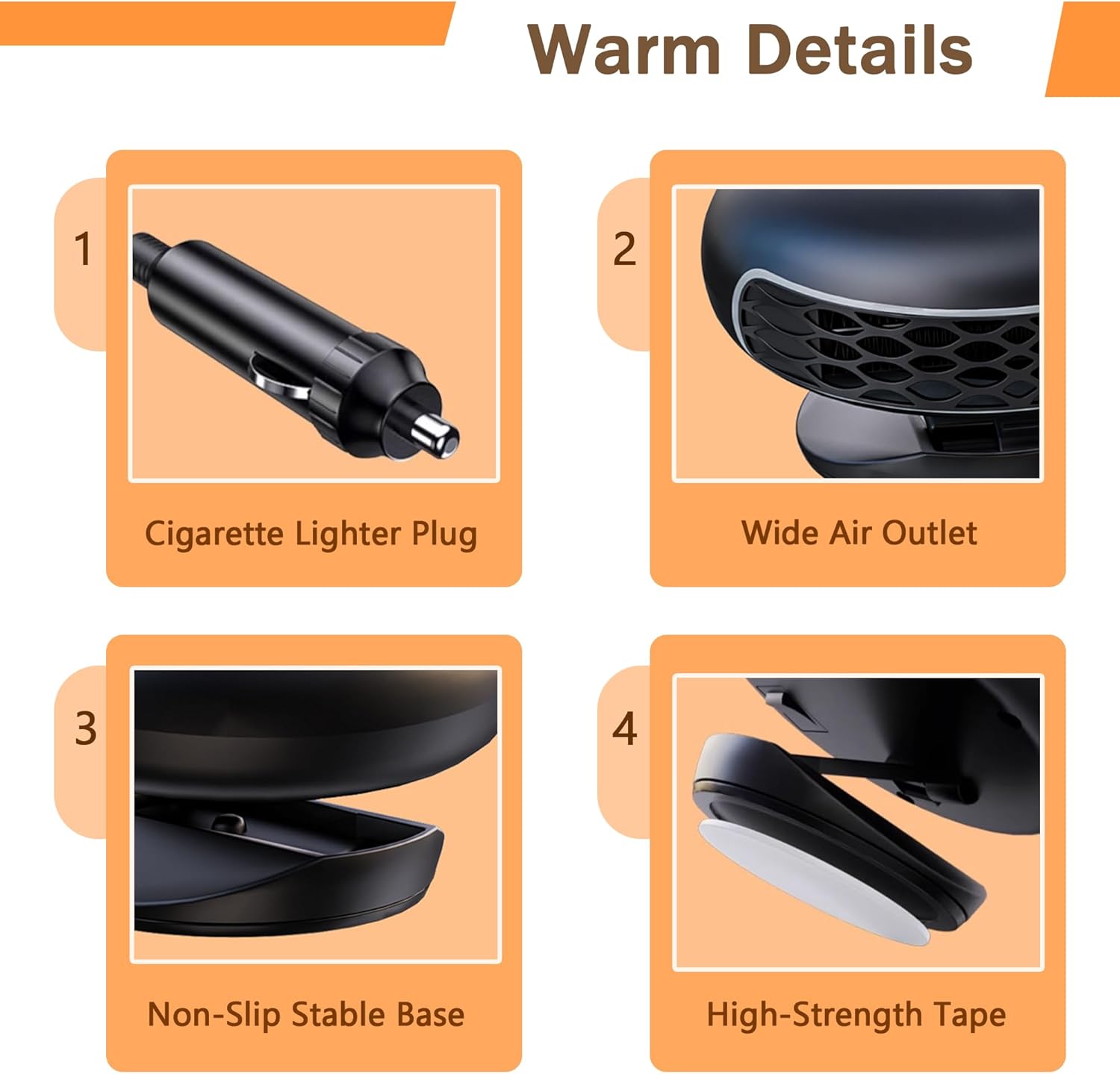 Detailed view of REVXON Car Heater components: cigarette lighter plug, wide air outlet, non-slip stable base, and high-strength tape