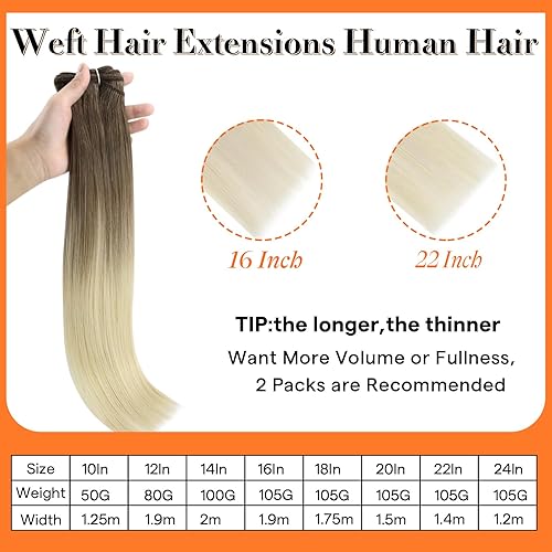 Miniatura 3 de Full Shine Extensiones de cabello humano de trama, 18 pulgadas, para coser, balayage, para mujer, marrón a rubio platino, cabello sedoso y suave, #