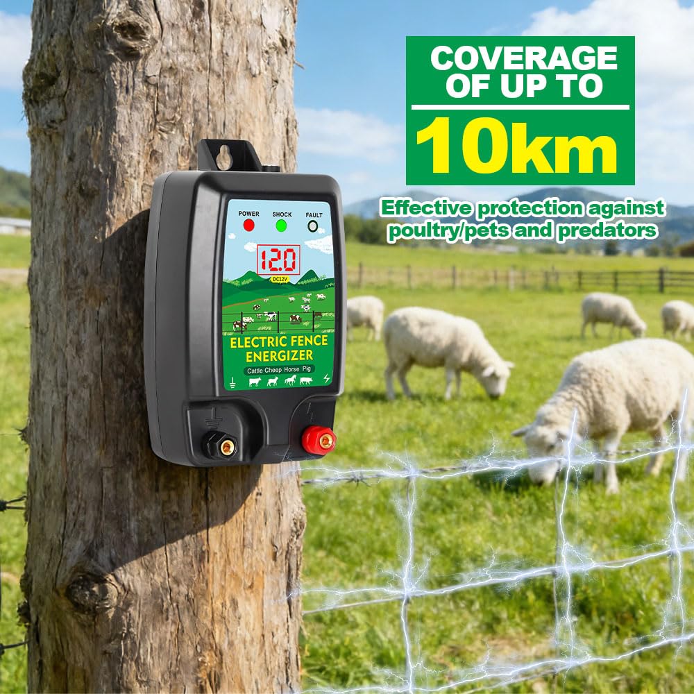 10KM Pastor Electrico, Cerca Eléctrica para Animales con Pantalla LCD, Pastor Electrico para Caballos, Ovejas, Ganado, Aves, Pastor, Protección Ideal para Pastos, Granjas y aves de Corral