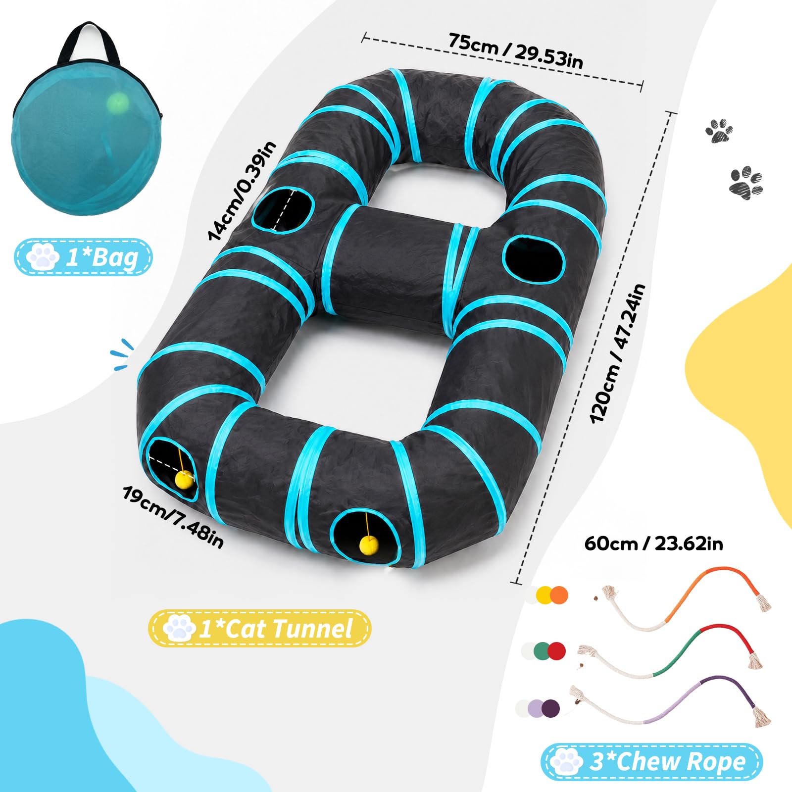 Katzentunnel 8-förmiger, Katzenspielzeug mit Hängepompons & Löchern, Pop-Up faltbar, Plus 3 Kauseile mit Katzenminze zur Zahnpflege – für Kitten, Katzen, Kaninchen, Welpen