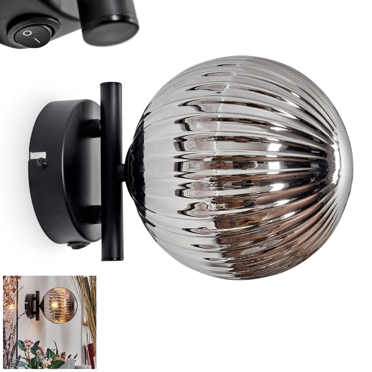 Chehalis wall Light, wall Light Made of Metal/Fluted Glass in Black/Smoke Colour, Light in Retro/Vintage Design with Glass Shade (Ø 15 cm) and on/Off Switch on housing, 1 x G9, Without Bulb