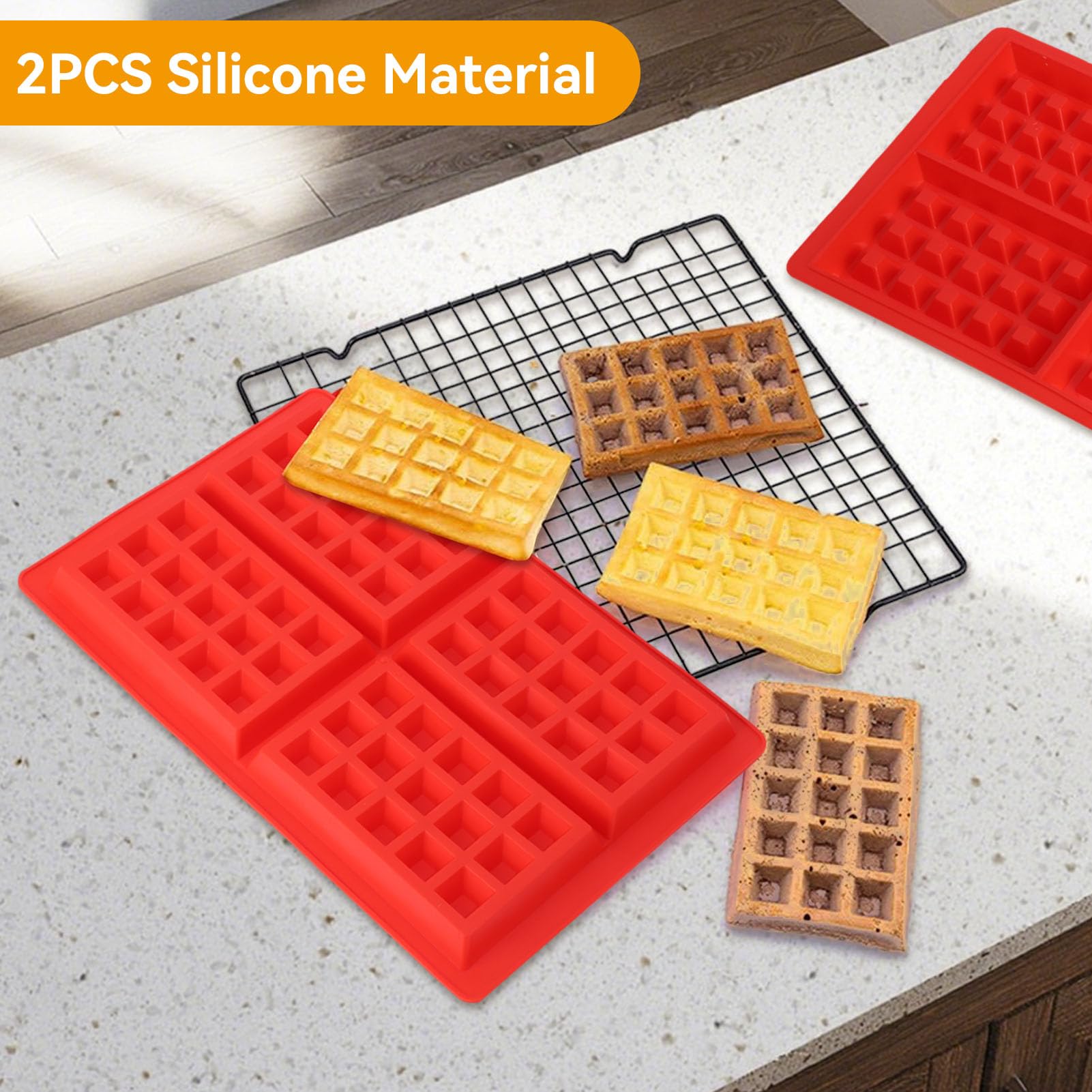 HERCHR 2 stampi in silicone per waffle, 4 cavità antiaderenti Stampo Waffle Rettangolare in Silicone Per Forno e Muffin, Sapone, Caramella