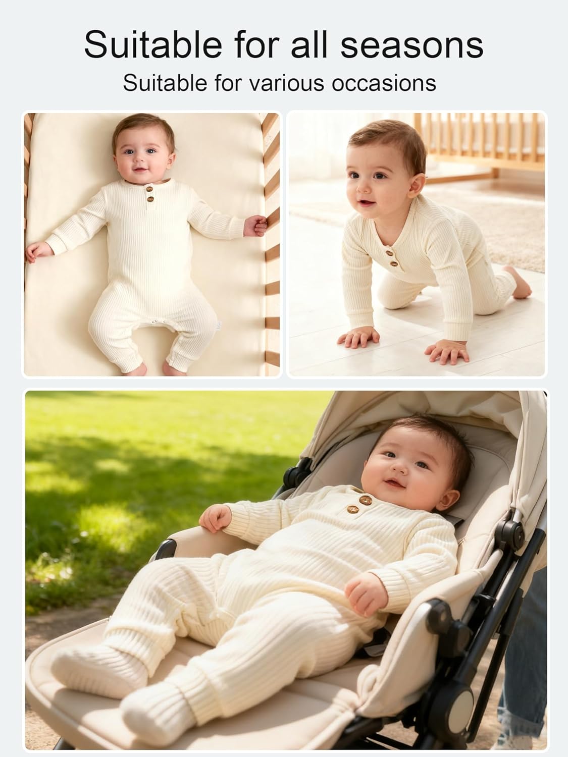 Unisex Newborn Clothes 0-12 Months Long Sleeve Snaps up Solid Ribbed Knit Baby Outfits - Image 2