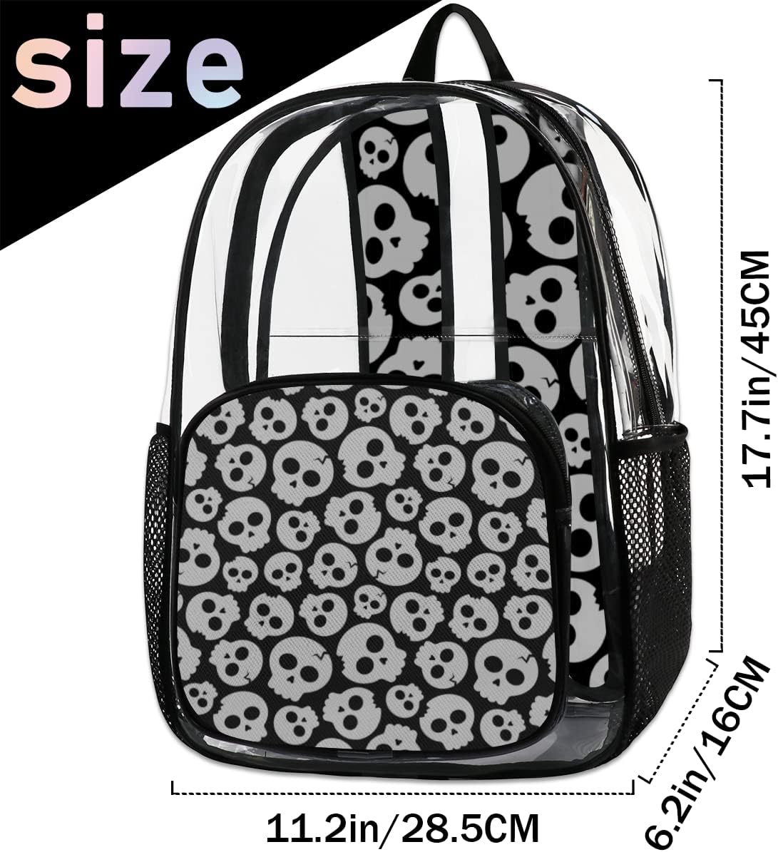 Skulls Pattern Clear Backpack Stadium Approved Heavy Duty PVC Transparent Backpacks Large Laptop Backpack for Work Travel Sports Events Concerts