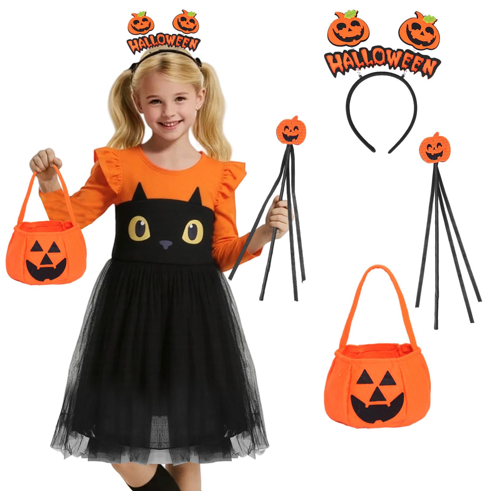 HarnyLoom Pumpkin Dress Costume Kids, Halloween Pumpkin Outfit with Headband, Magic Wand & Trick or Treat Bags