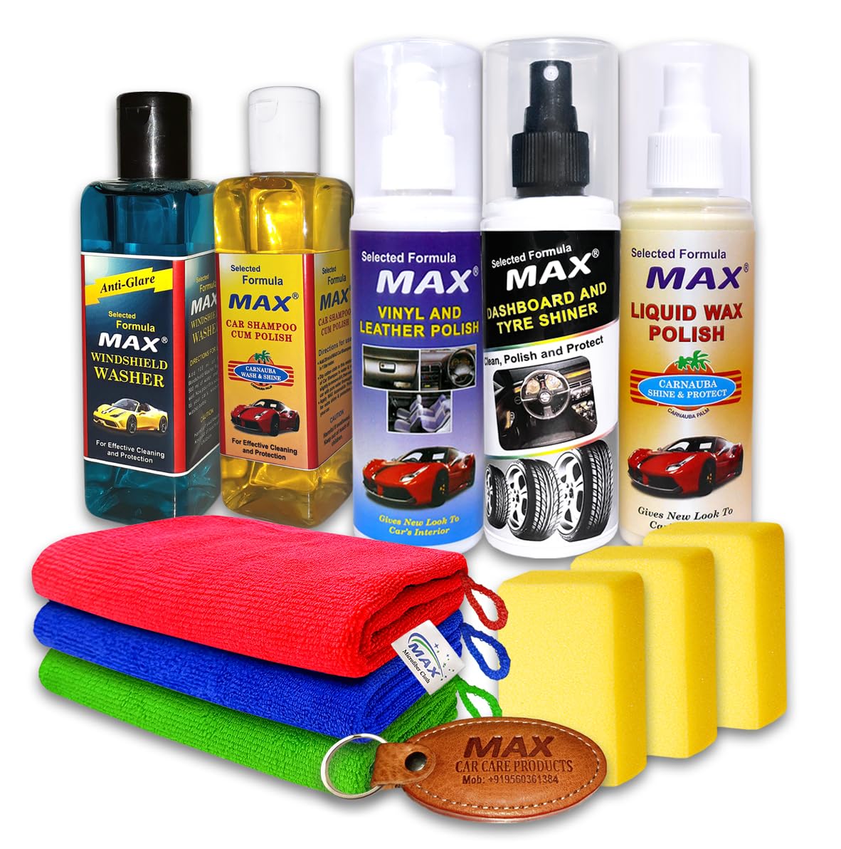 Complete Car Care Kit - ADVANCED (Pack of 5 Items of 200 ML, 3 Pcs Microfiber Cloth 350 GSM, 3 Pcs Foam Applicators and 1 Pc Leather Keychain) for Car Cleaning, Washing, Conditioning and Polishing