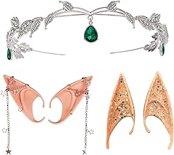 Joycabin 2 Pairs of Elf Ears and 1 Piece Crystal Headpiece, Latex Elf Ears, Cosplay Fairy Elf Ears, Accessories for Halloween, Carnival, Cosplay, Wedding, Prom, Dress Up Party