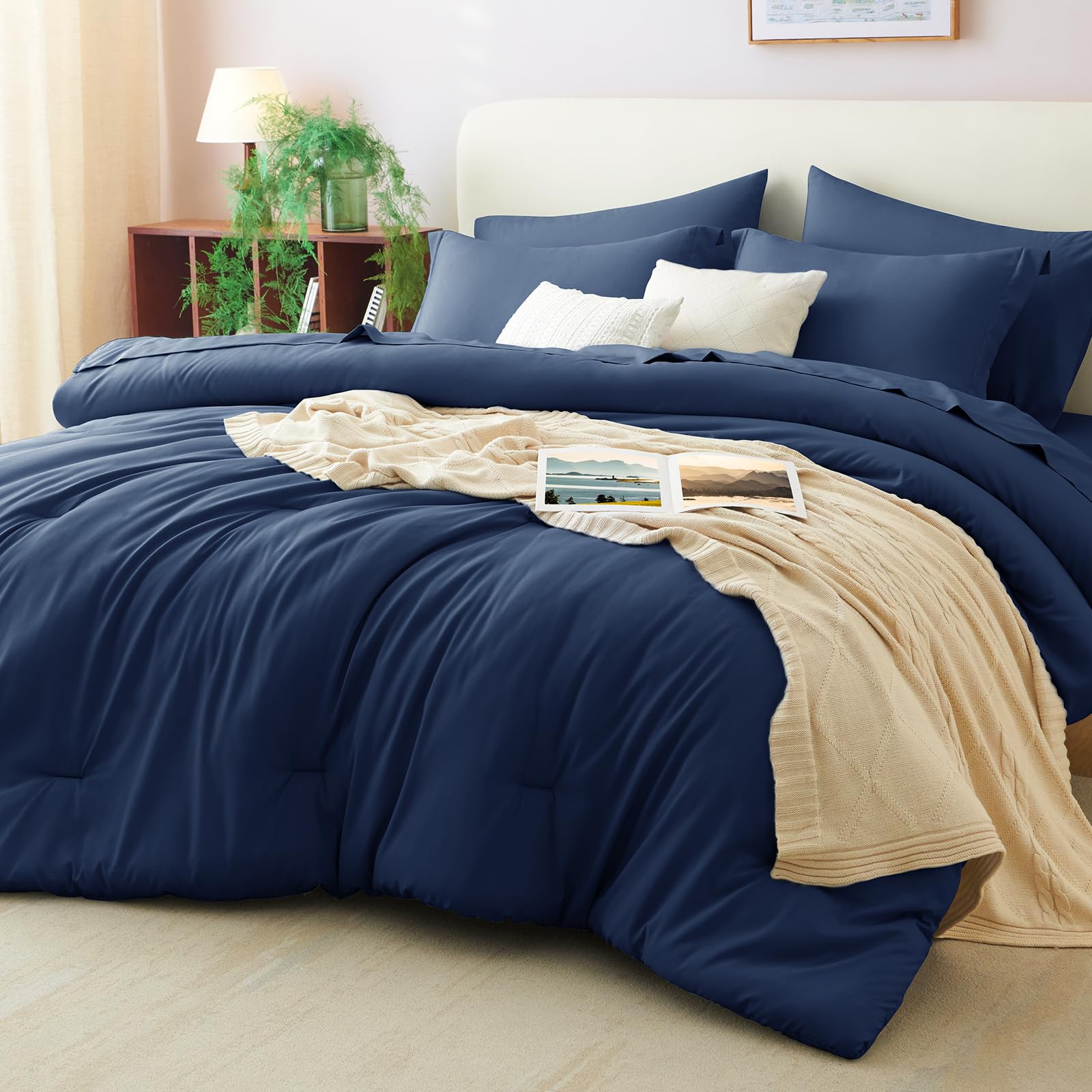 Photo 1 of CozyLux Queen Comforter Set Navy, 7 Pieces Bed in a Bag