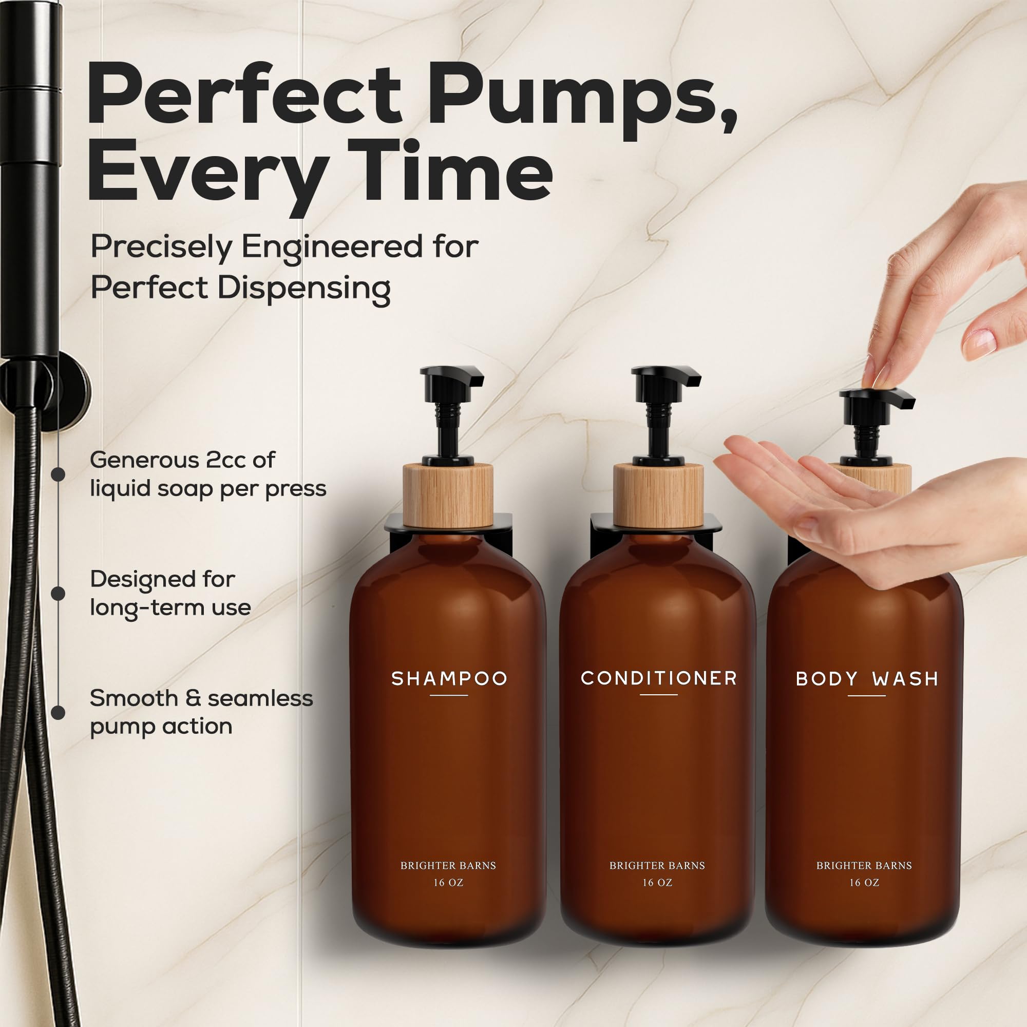 Brighter Barns - Set di dispenser per shampoo e balsamo, da parete, ricaricabile, per doccia, 3 camere, senza trapano, bottiglie da doccia in plastica per bagno degli ospiti, hotel (ambra)