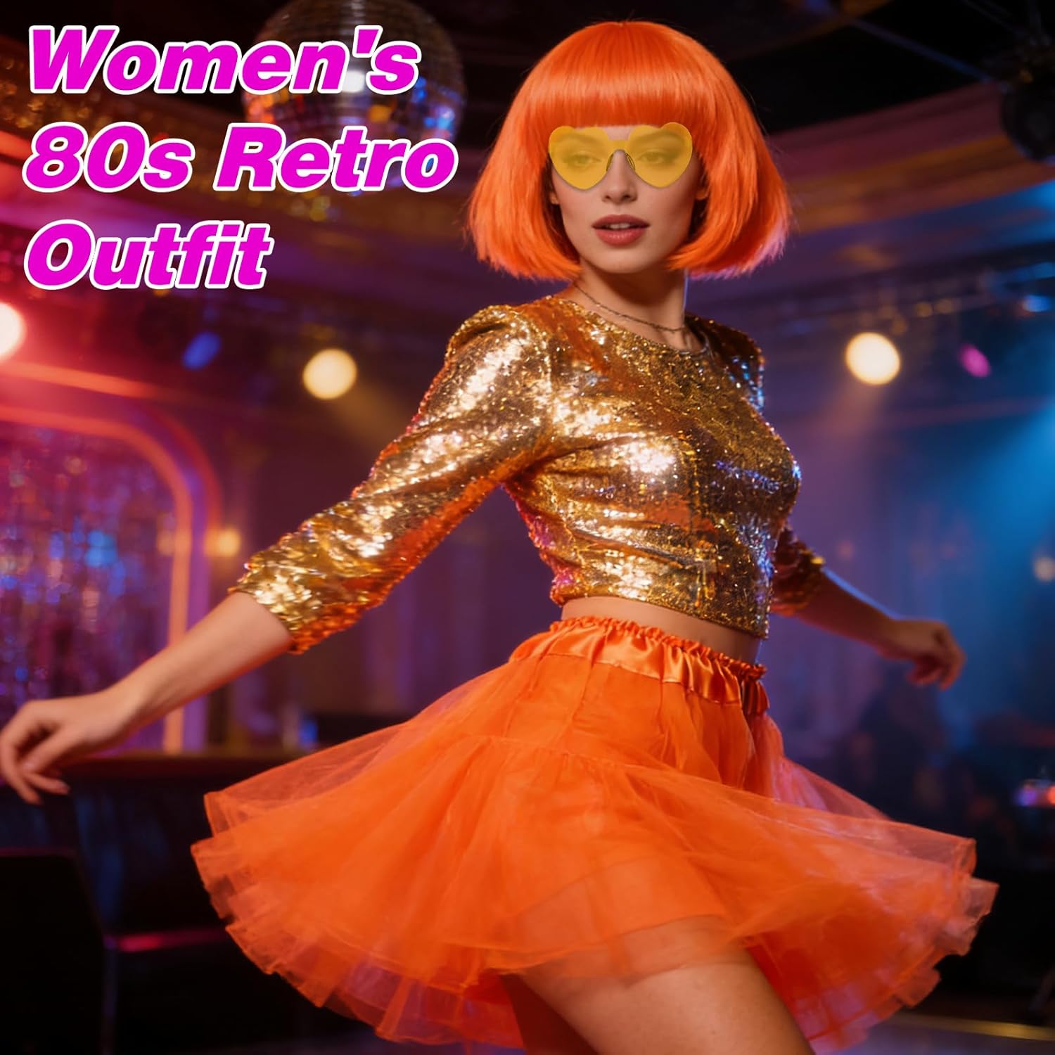 PLULON Orange Short Bob Wig with Tutus Heart Sunglasses for Women Costume, 80s Vintage Puffy Tutu Skirt Neon Funny Bobs with Wig Cap for Cosplay Music Festivals Disco Bachelorette Party - Image 2