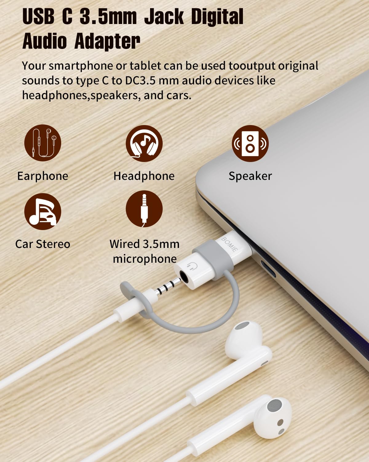 BOMIE Adattatore da USB C a jack audio per cuffie da 3,5 mm, confezione da 4 pezzi, chip decodificatore DAC di qualità del suono senza perdite, jack per cuffie da 3,5 mm femmina a tipo c maschio